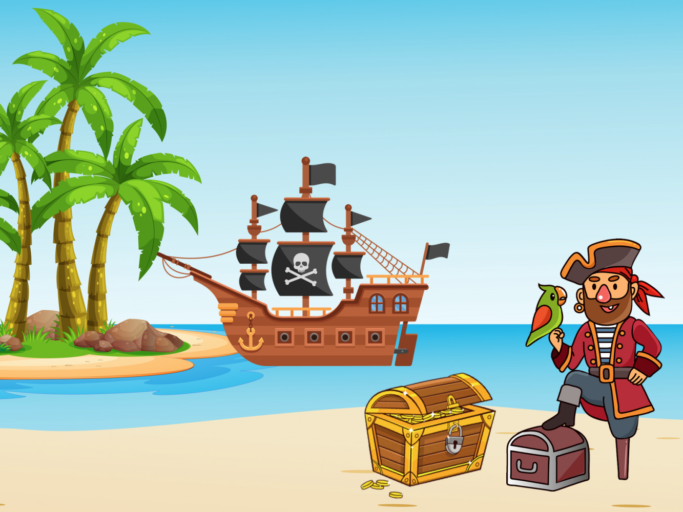 A pirate with his leg on a treasure box in the foreground.  In the distance a pirate ship is hit the shore of a small island.