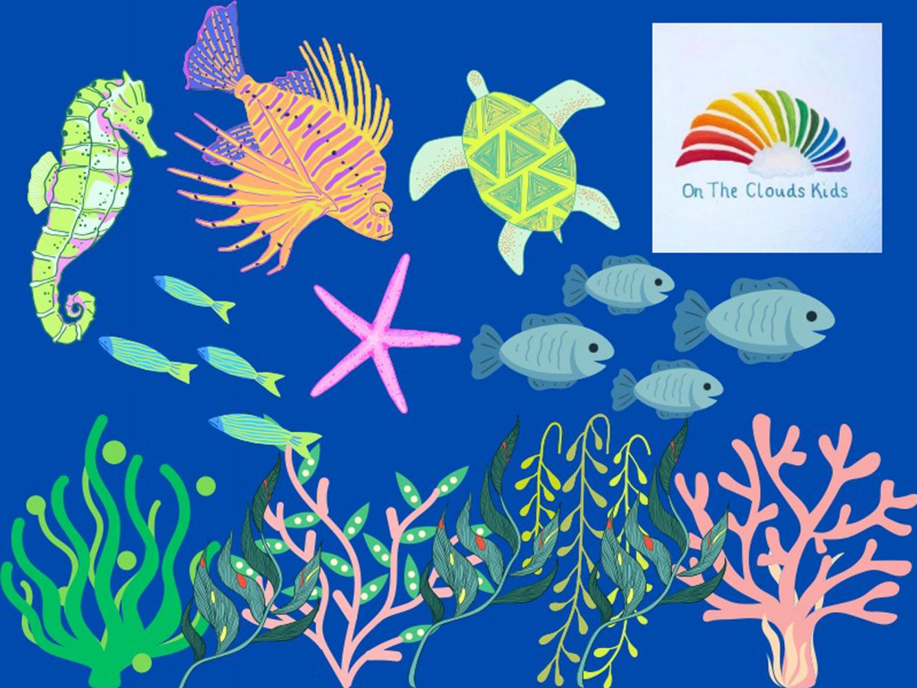 Blue background with images of sea creatures