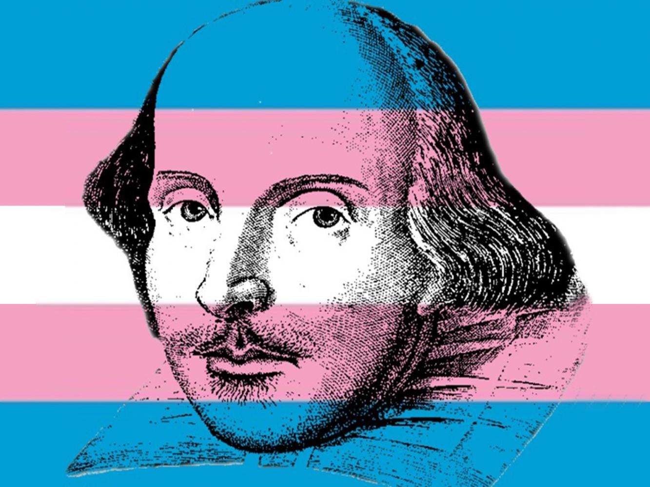 Shakespeare overlaid with the Transgender flag
